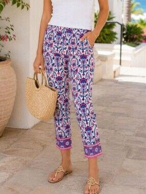 LOFT Marisa Cropped Pant Riviera Stretch Paisley Print Pink Blue Size 10